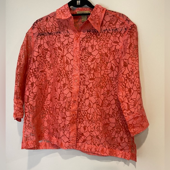 VTG Y2K Sheer Coral Pink Floral Button-Up Top - Picture 3 of 6